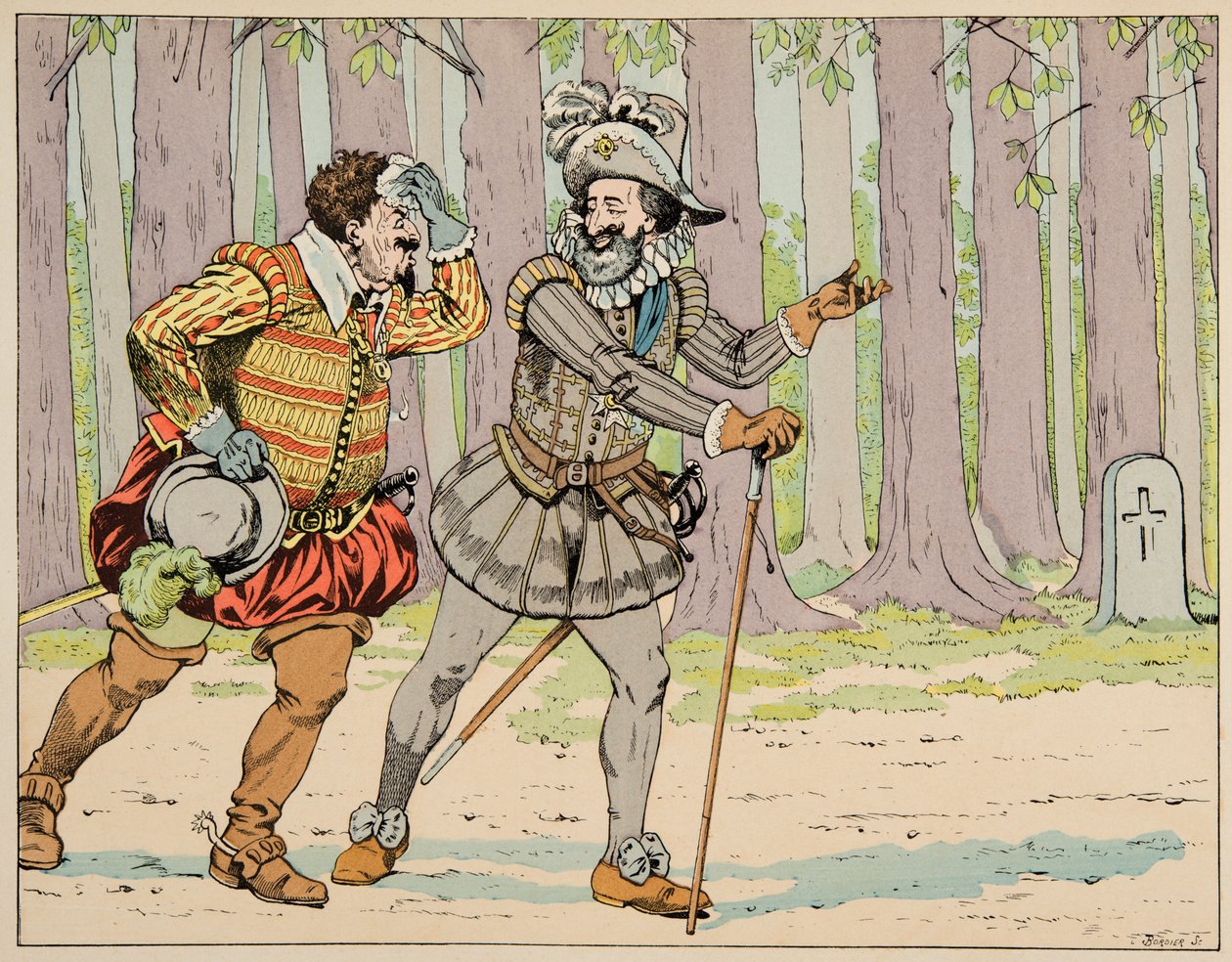 Ilustração retirada do livro "Le bon roy Henri", ilustrado por Jacques Marie Gaston Onfray de Breville dit JOB (1858-1931): Henri IV concede seu perdão a Charles de Lorraine (1554-1611) Duque de Mayenne após forçá-lo a um pequeno exercício - Priva de pseudonym for Onfray de Breville Jacques Job