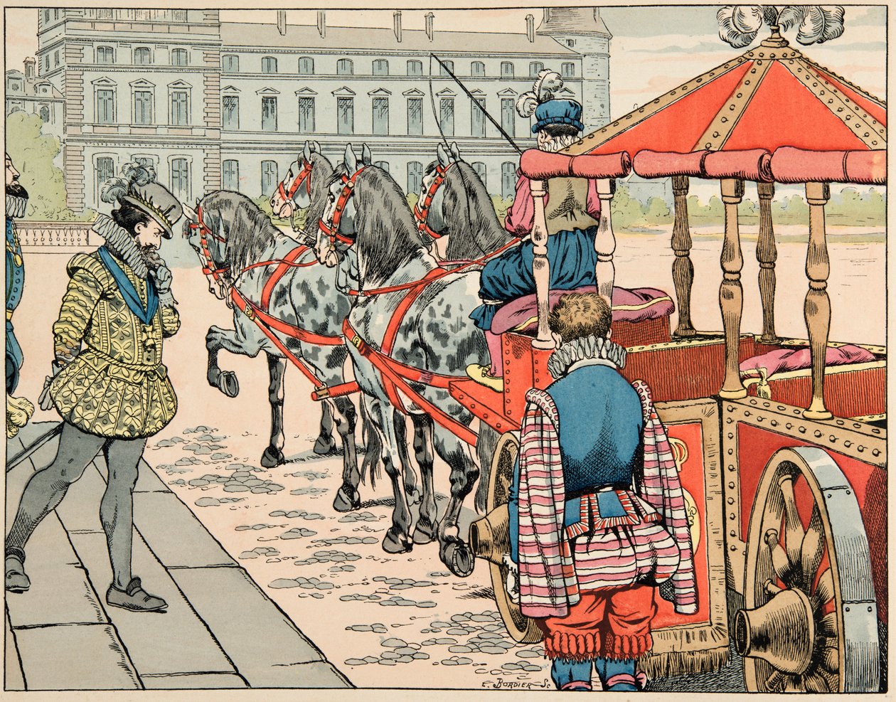 Ilustração retirada do livro "Le bon roy Henri", ilustrado por Jacques Marie Gaston Onfray de Breville dit JOB (1858-1931): Em 14 de Maio de 1610, Henri IV aprecia montar na sua carruagem descoberta - Colecção privada de pseudonym for Onfray de Breville Jacques Job