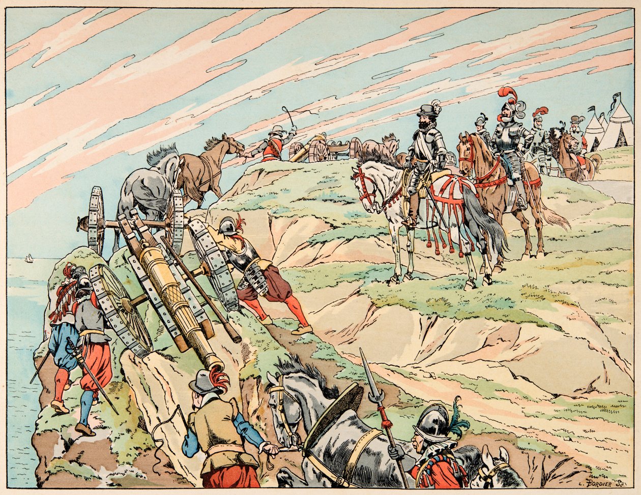 Ilustração retirada do livro "Le bon roy Henri", ilustrado por Jacques Marie Gaston Onfray de Breville dit JOB (1858-1931): Henri IV em guerra estabeleceu o seu acampamento perto de Dieppe com a sua artilharia - Colecção privada de pseudonym for Onfray de Breville Jacques Job