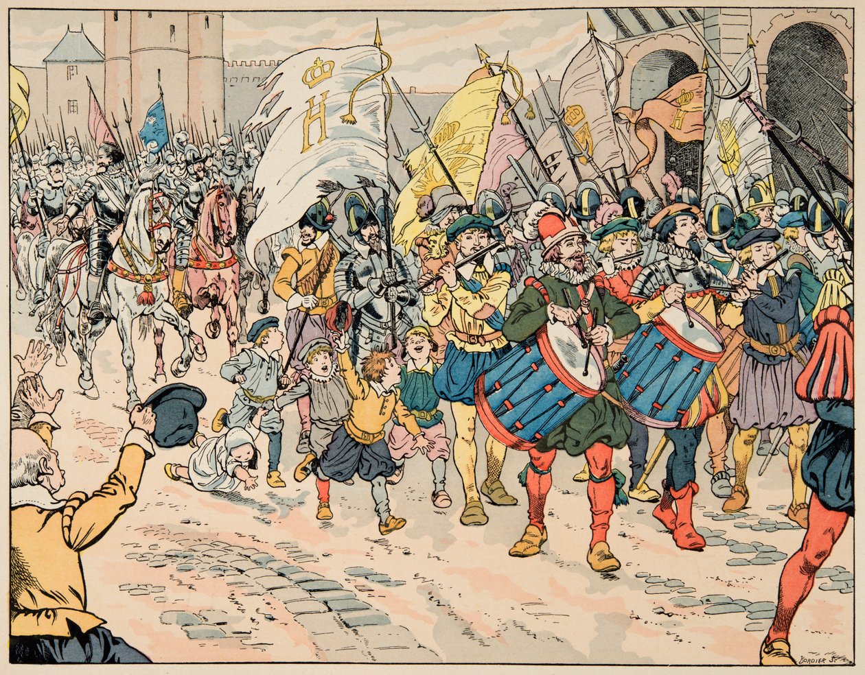 Ilustração retirada do livro "Le bon roy Henri", ilustrado por Jacques Marie Gaston Onfray de Breville dit JOB (1858-1931): Entregue por Henri IV em Paris, em 21 de Março de 1594 - Colecção privada de pseudonym for Onfray de Breville Jacques Job