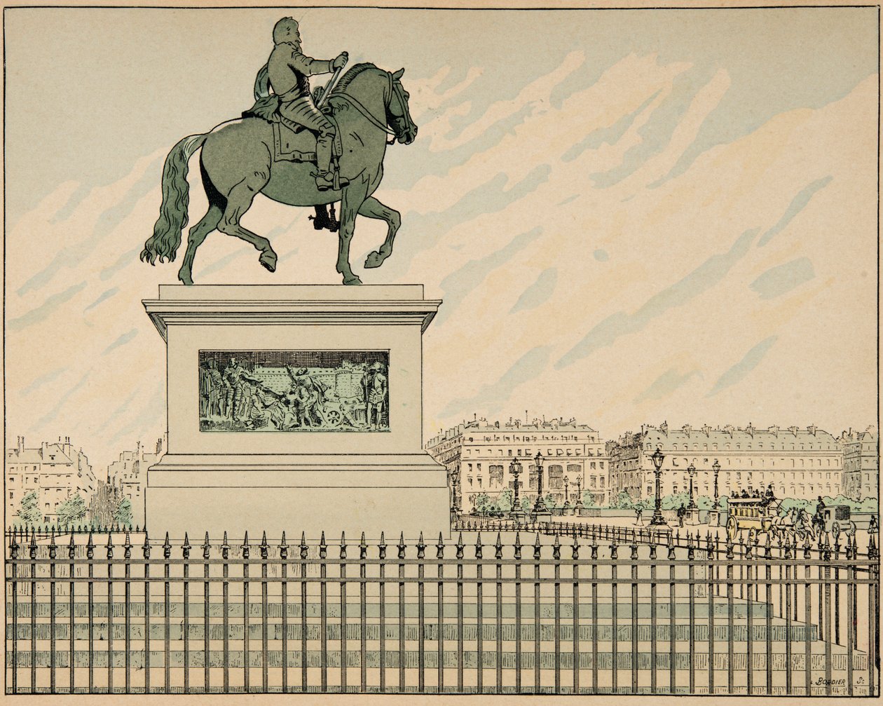 Ilustração retirada do livro "Le bon roy Henri", ilustrado por Jacques Marie Gaston Onfray de Breville dit JOB (1858-1931): Estátua erige em memória de Henri IV - Coleção particular de pseudonym for Onfray de Breville Jacques Job
