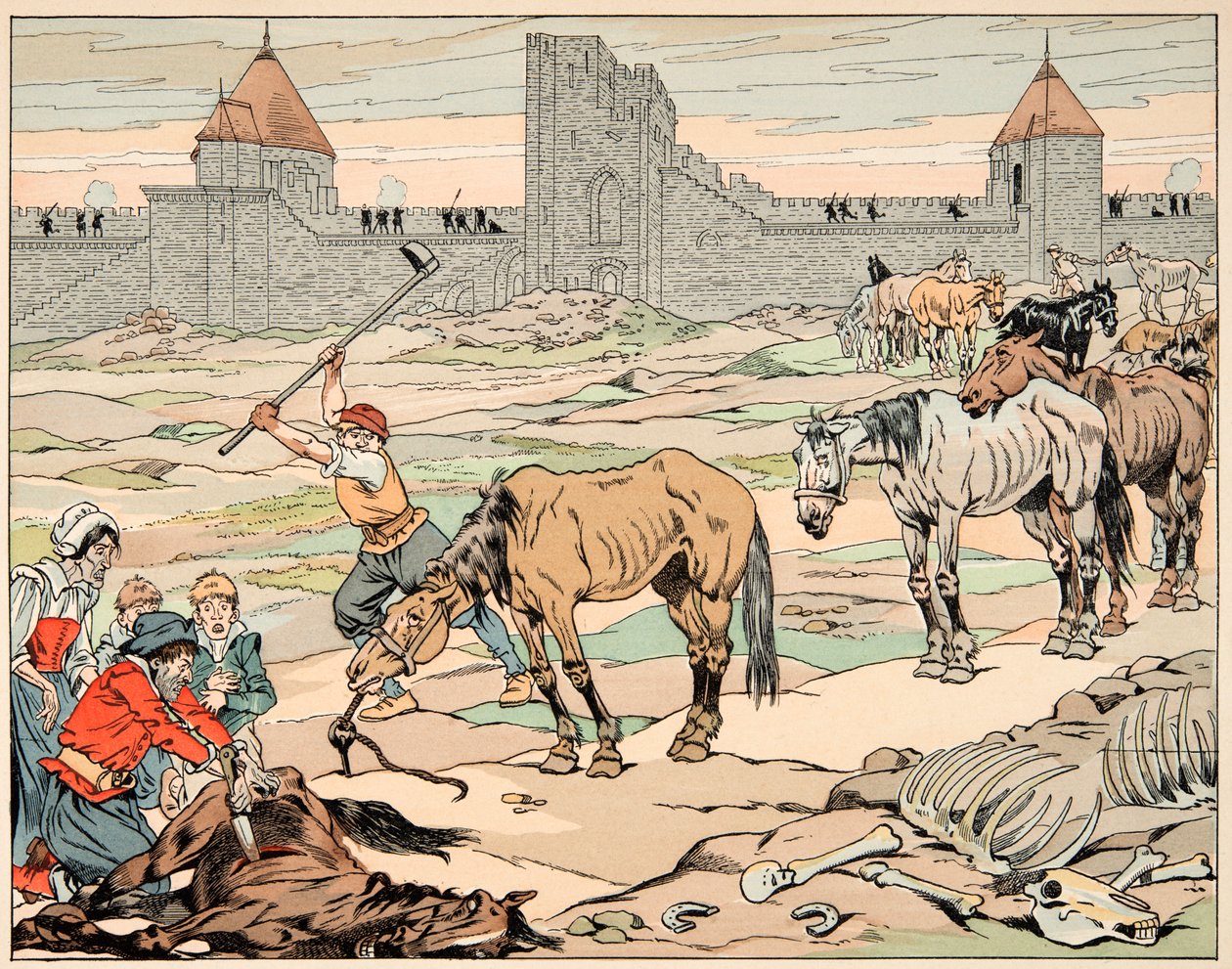 Ilustração retirada do livro "Le bon roy Henri", ilustrado por Jacques Marie Gaston Onfray de Breville dit JOB (1858-1931): Os parisienses com fome abatem os seus cavalos - Colecção privada de pseudonym for Onfray de Breville Jacques Job