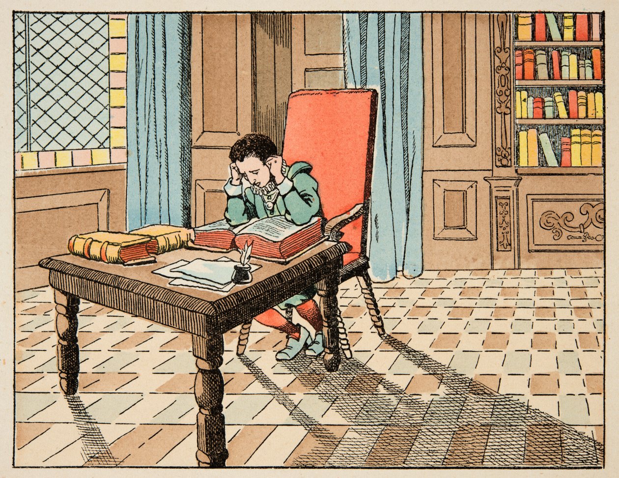 Ilustração retirada do livro "Le bon roy Henri", ilustrado por Jacques Marie Gaston Onfray de Breville dit JOB (1858-1931): A educação no século XVI: palestra de clássicos - Coleção particular de pseudonym for Onfray de Breville Jacques Job