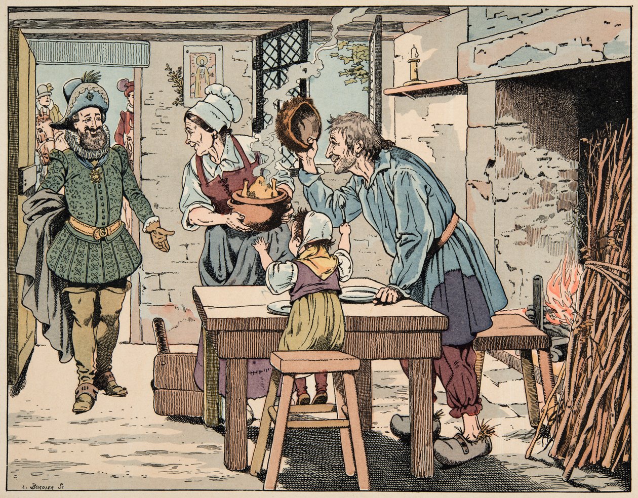 Ilustração retirada do livro "Le bon roy Henri", ilustrado por Jacques Marie Gaston Onfray de Breville dit JOB (1858-1931): Henri IV nos camponeses, para comer a galinha na panela - Colecção privada de pseudonym for Onfray de Breville Jacques Job
