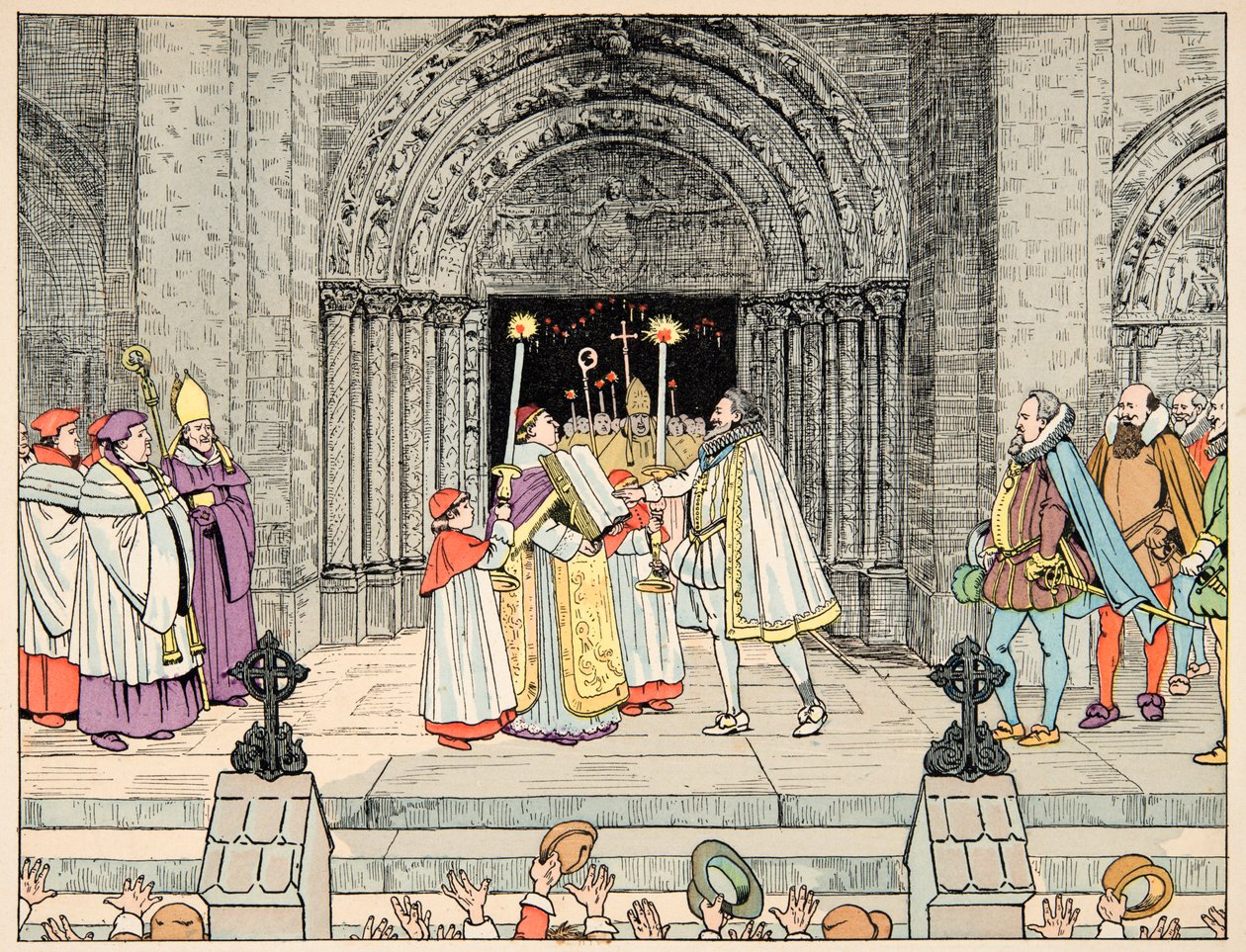Ilustração retirada do livro "Le bon roy Henri", ilustrado por Jacques Marie Gaston Onfray de Breville dit JOB (1858-1931): Henri IV, Basílica de Saint Denis abjure sua religião e convertidos - Colecção privada de pseudonym for Onfray de Breville Jacques Job
