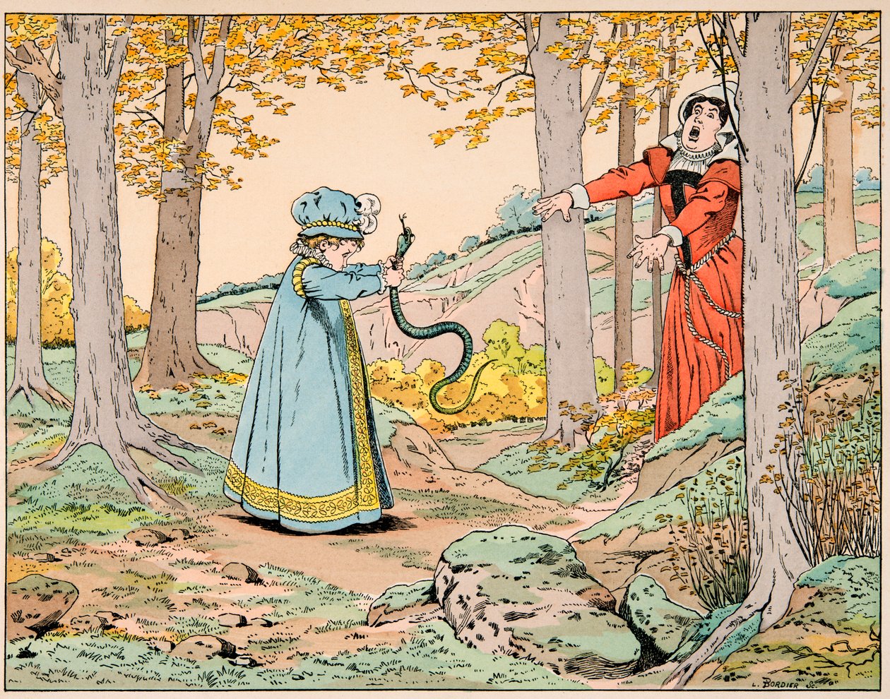 Ilustração retirada do livro "Le bon roy Henri", ilustrado por Jacques Marie Gaston Onfray de Breville dit JOB (1858-1931): Aos quatro anos de idade, Henri IV mata uma enorme cobra - Coleção particular de pseudonym for Onfray de Breville Jacques Job