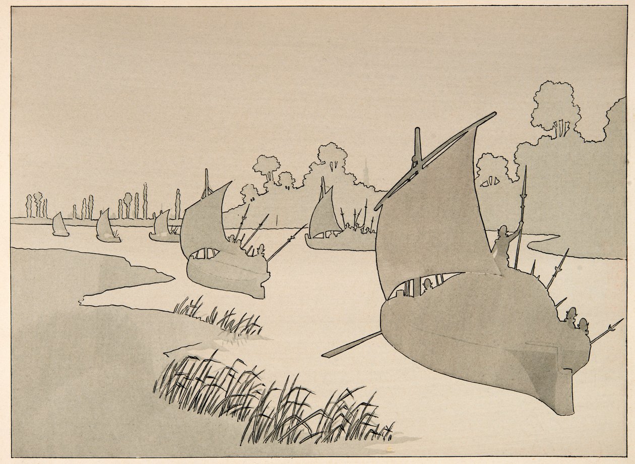 Ilustração retirada do livro "Le bon roy Henri", ilustrado por Jacques Marie Gaston Onfray de Breville dit JOB (1858-1931): O Duque de Parma tenta abastecer Paris de barco - Coleção particular de pseudonym for Onfray de Breville Jacques Job