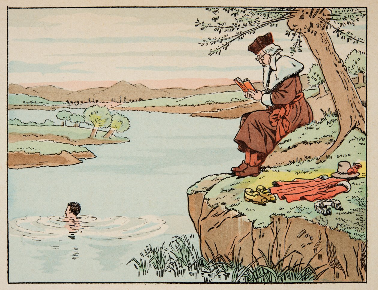 Ilustração retirada do livro "Le bon roy Henri", ilustrado por Jacques Marie Gaston Onfray de Breville dit JOB (1858-1931): A educação no século XVI: natação - Coleção particular de pseudonym for Onfray de Breville Jacques Job