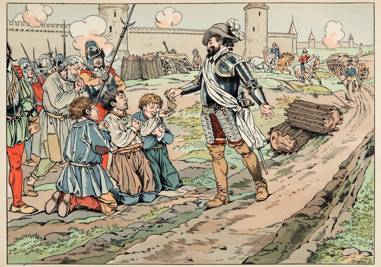 Ilustração retirada do livro "Le bon roy Henri", ilustrado por Jacques Marie Gaston Onfray de Breville dit JOB (1858-1931): Henri IV dá dinheiro e liberta os camponeses que tentaram introduzir alimentos em Paris - Colecção privada de pseudonym for Onfray de Breville Jacques Job