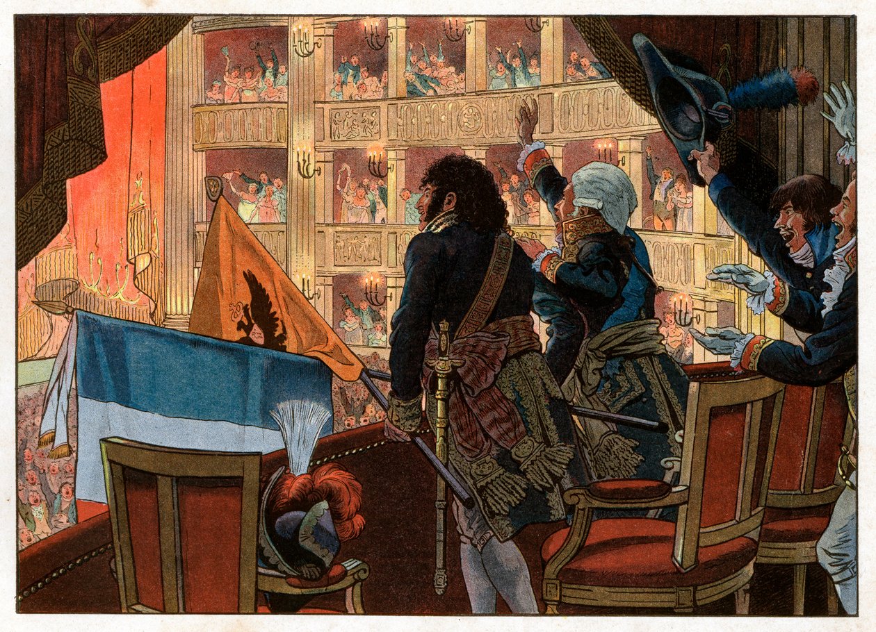 Em Florença, na sala de teatro, Joachim Murat (1767-1815) e um embaixador russo unem a sua bandeira com a maior alegria do presente. Gravura de Jacques Marie Gaston Onfray de Breville dit Job (1858-1931) de pseudonym for Onfray de Breville Jacques Job