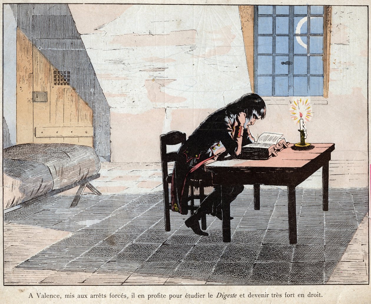 Em Valência (prisão) Napoleão aproveita para estudar o Digest e se tornar muito forte na lei - Napoleão leu o Digeste e reforçou seu conhecimento da lei - litografia de Job (Jacques Onfroy de Breville) de "Le Grand Napoleon des Petites de pseudonym for Onfray de Breville Jacques Job