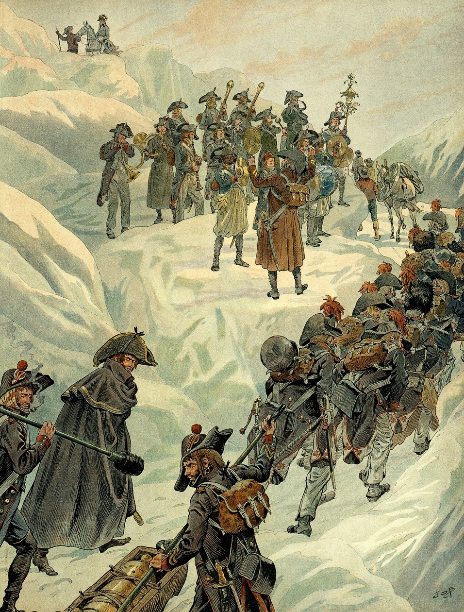Campanha Italiana (1799-1800): passagem da passagem de São Bernardo para os Alpes pelo exército de Napoleão I Bonaparte (1769-1821) em 20 de maio de 1800. Ilustração de Jacques Marie Gaston Onfray de Breville dit JOB (1858-1931). Coleção Particular de pseudonym for Onfray de Breville Jacques Job