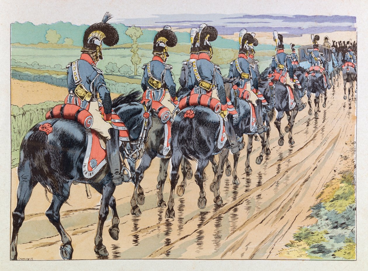 Jacques Marie Gaston Gaston Onfray de Breville dit JOB (1858 - 1931); Ilustração do livro "Les epees de France": Escolta Imperiale acompanhando Napoleão; Coll, Parte de pseudonym for Onfray de Breville Jacques Job
