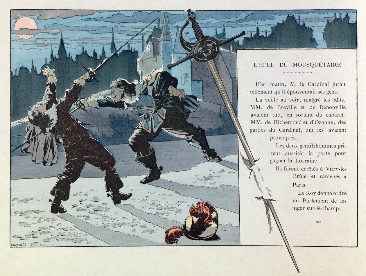 Jacques Marie Gaston Gaston Onfray de Breville dit JOB (1858 - 1931); Ilustração do livro "Les epees de France": Duelo entre um Mosqueteiro e um guarda do cardeal (M de Breville e Denonville mataram M de Richemond e M d