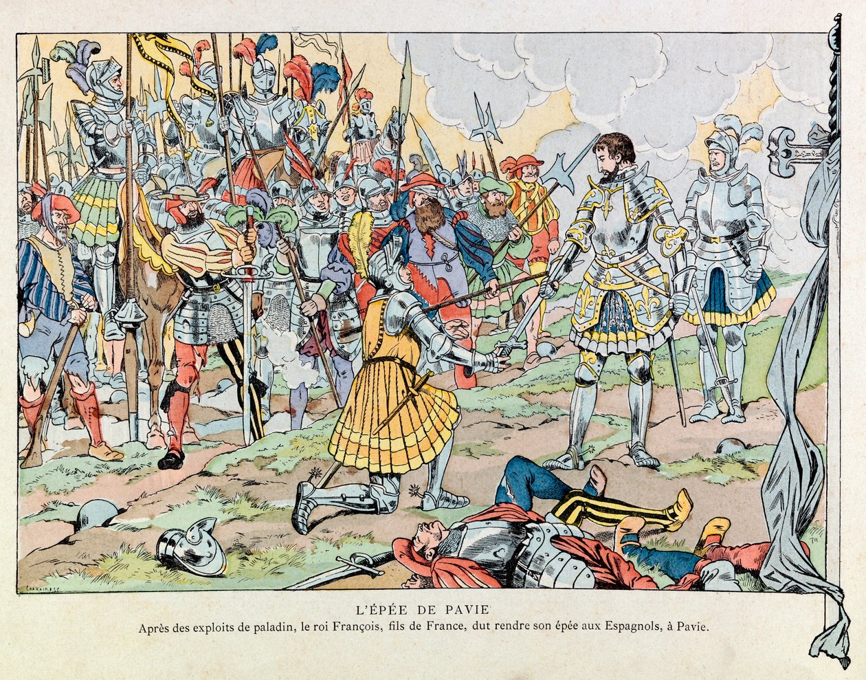 Jacques Marie Gaston Gaston Onfray de Breville dit JOB (1858 - 1931); Ilustração do livro "Les epees de France": O rei François I devolve sua espada aos espanhóis após a derrota de Pavia em 24 de fevereiro de pseudonym for Onfray de Breville Jacques Job