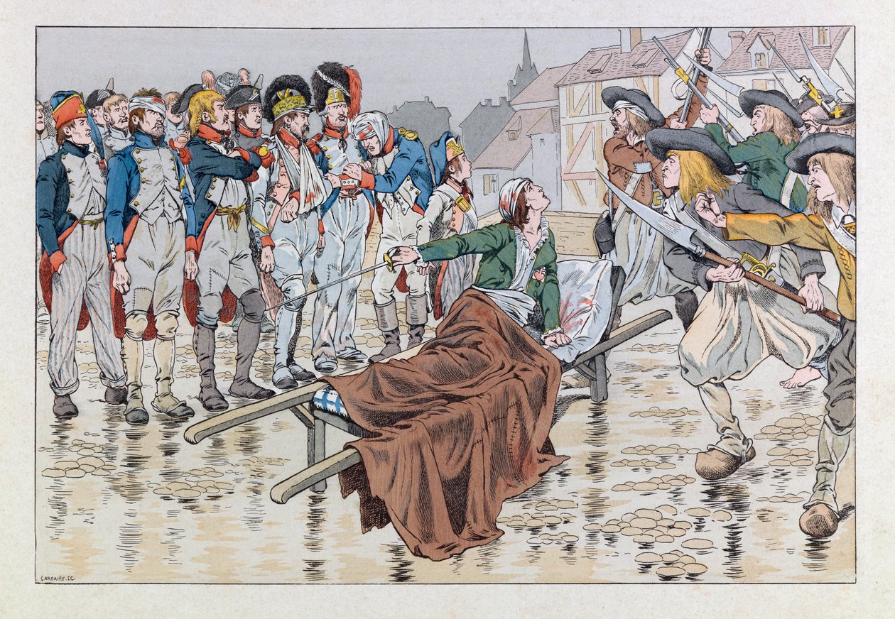 Jacques Marie Gaston Gaston Onfray de Breville dit JOB (1858 - 1931); Ilustração do livro "Les epees de France": O Marquês de Bonchamps ferido mortalmente após a batalha de Cholet em 1793 salva prisioneiros republicanos das mãos dos chouans; Coll, Par de pseudonym for Onfray de Breville Jacques Job