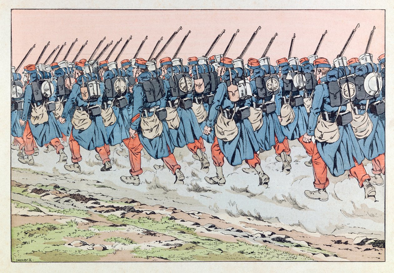 Jacques Marie Gaston Onfray de Breville dit JOB (1858 - 1931); Ilustração do livro "Les epees de France": Les poilus de 14 en route pour le front; Coll, Part de pseudonym for Onfray de Breville Jacques Job