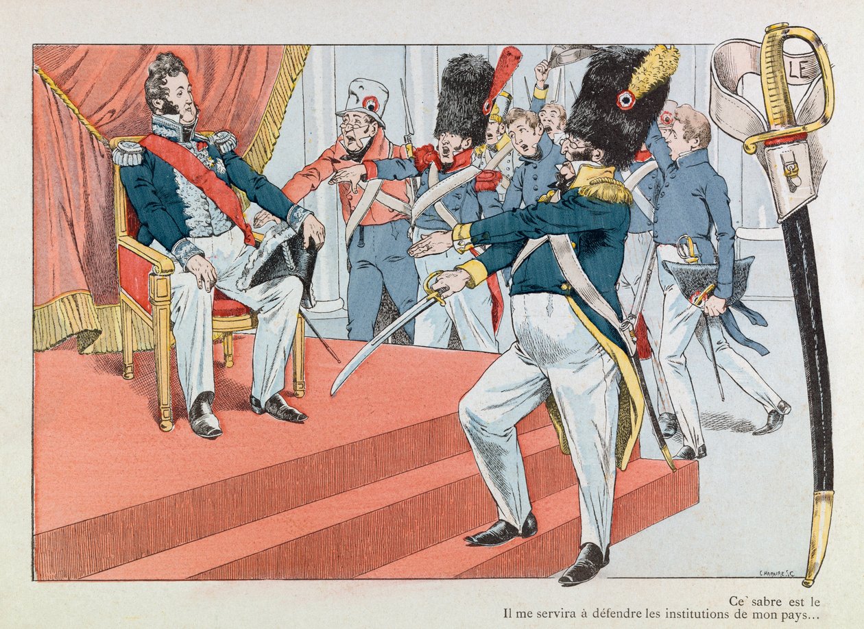 Jacques Marie Gaston Onfray de Breville dit JOB (1858 - 1931); Ilustração retirada do livro "Les epees de France": Louis Philippe (1773-1850) no trono (Henri Monnier recebendo a insígnia da Guarda Nacional "Este sabre é o mais belo de pseudonym for Onfray de Breville Jacques Job