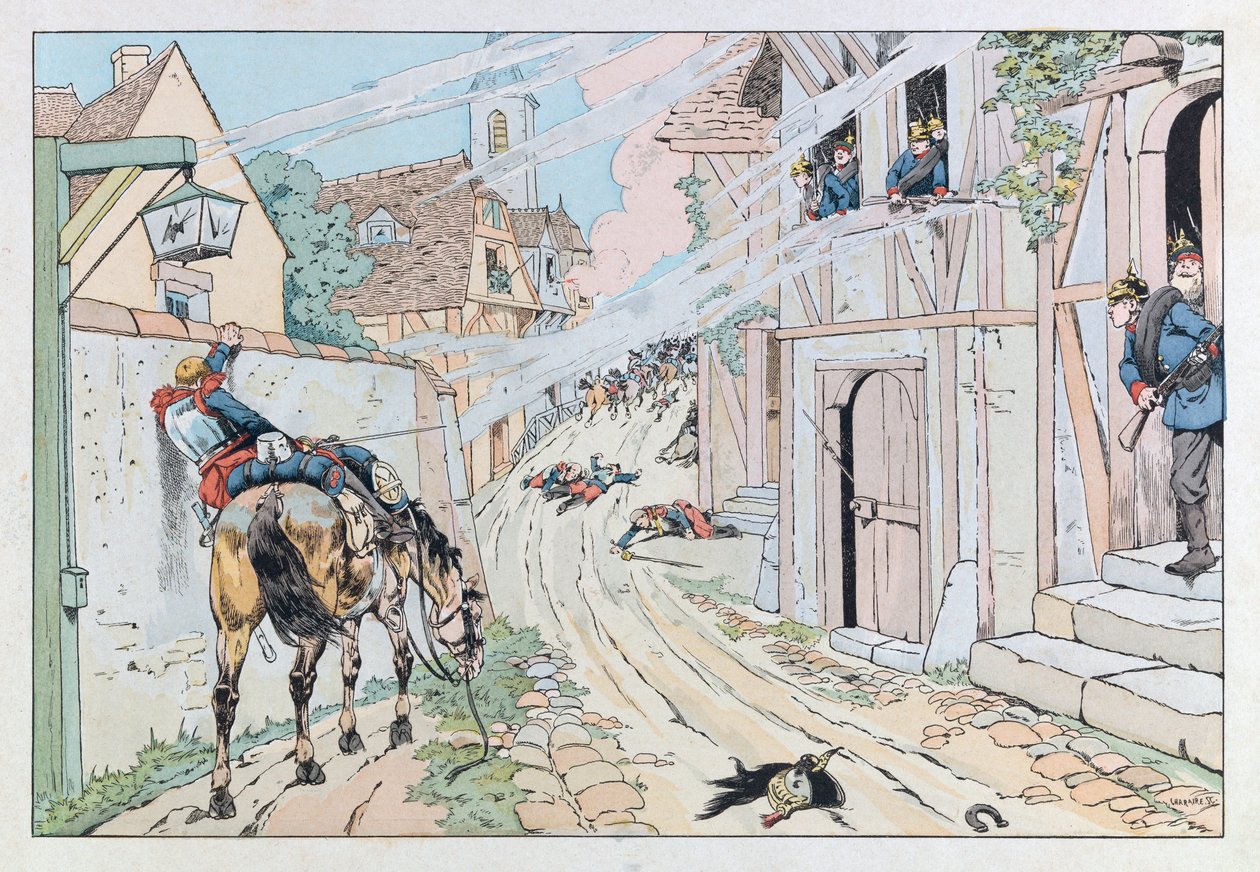 Jacques Marie Gaston Onfray de Breville dit JOB (1858 - 1931); Ilustração retirada do livro "Les epees de France": Episódio da Guerra Franco Prussiana de 1870, Assalto dado pelos 9 Cuirassiers na aldeia de Morsbronn; Coll, Part de pseudonym for Onfray de Breville Jacques Job