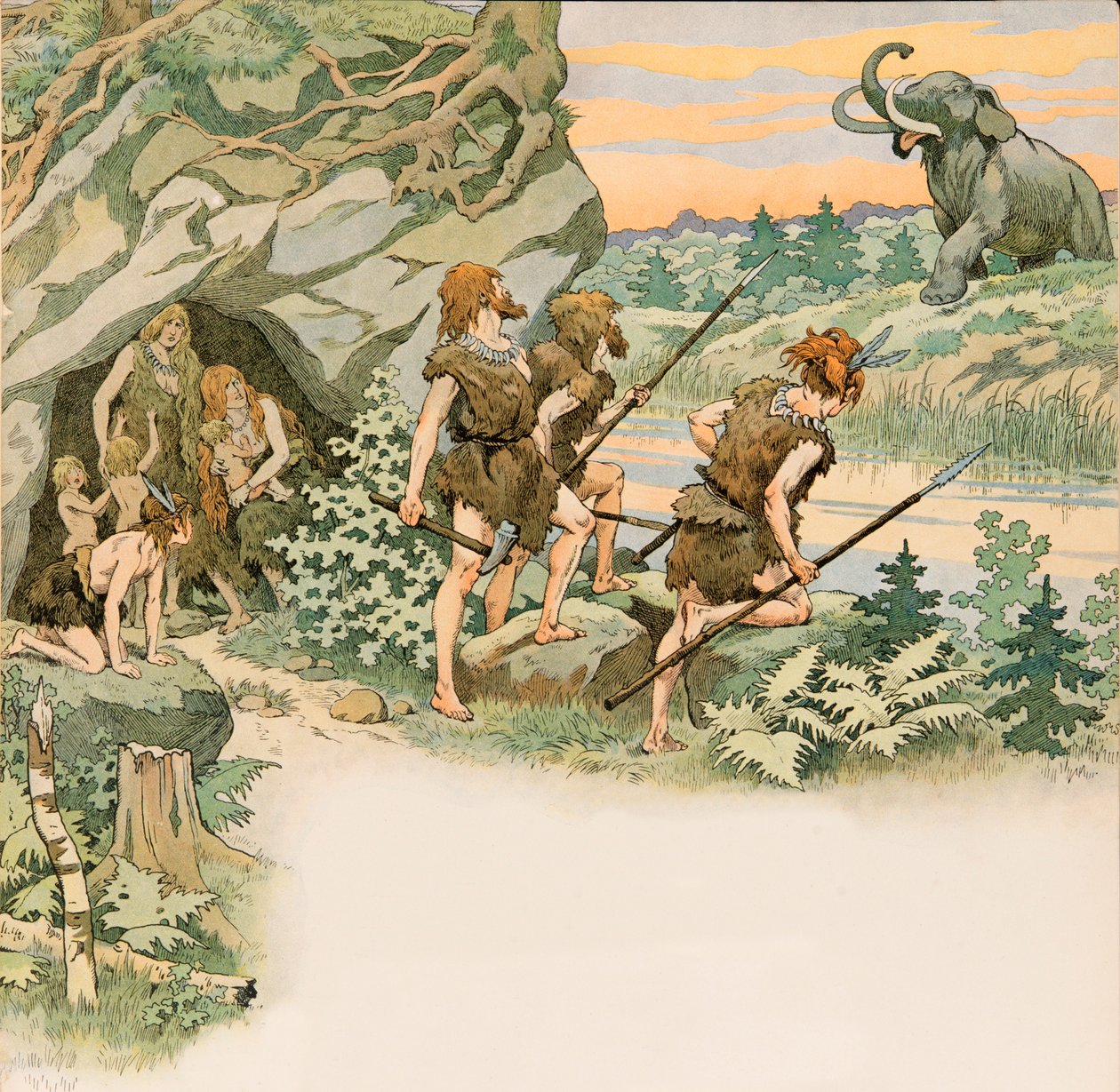 Jacques Marie Gaston Onfroy de Breville dit JOB (1858-1931) - Durante a pré-história, os homens das cavernas protegem as suas famílias de um ataque mamute, Colecção Privada de pseudonym for Onfray de Breville Jacques Job