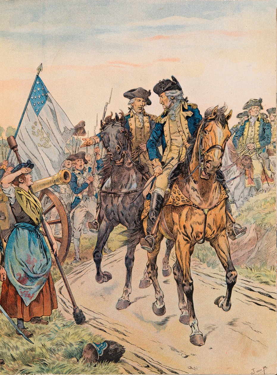 Jacques Marie Gaston Onfroy de Breville dit JOB (1858-1931) - George Washington passou por Molly Pitcher durante a Batalha de Monmouth em 28 de junho de 1778 durante a Guerra da Independência, Coleção Privada de pseudonym for Onfray de Breville Jacques Job