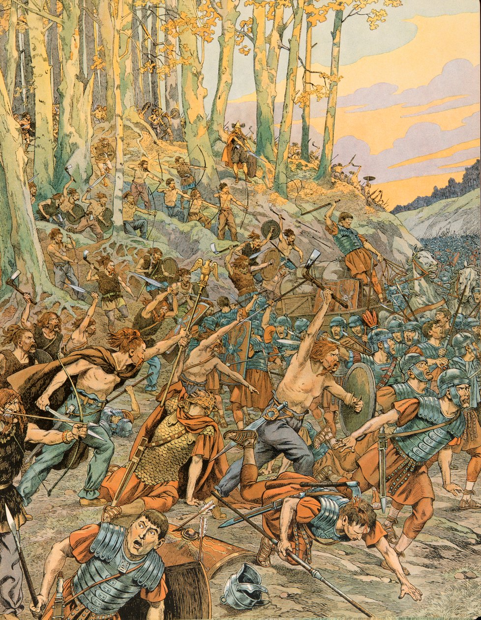 Jacques Marie Gaston Onfroy de Breville dit JOB (1858-1931) - História da Bélgica: Batalha da Aduatuca, no Vallee du Geer em 54 AC, os Eburons (belgas) massacraram as Legiões Romanas de César durante a Guerra Gálica, Coleção Privada de pseudonym for Onfray de Breville Jacques Job