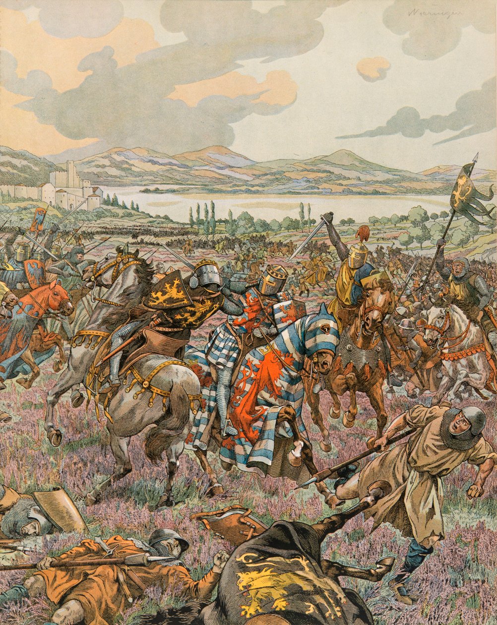 Jacques Marie Gaston Onfroy de Breville dit JOB (1858-1931) - História da Bélgica: John 1º Duque de Brabant vitorioso na Batalha de Woeringen em 1288 durante a Guerra de Sucessão de Limburg e dá autonomia ao Brabant para a Alemanha, Coleção Privada de pseudonym for Onfray de Breville Jacques Job