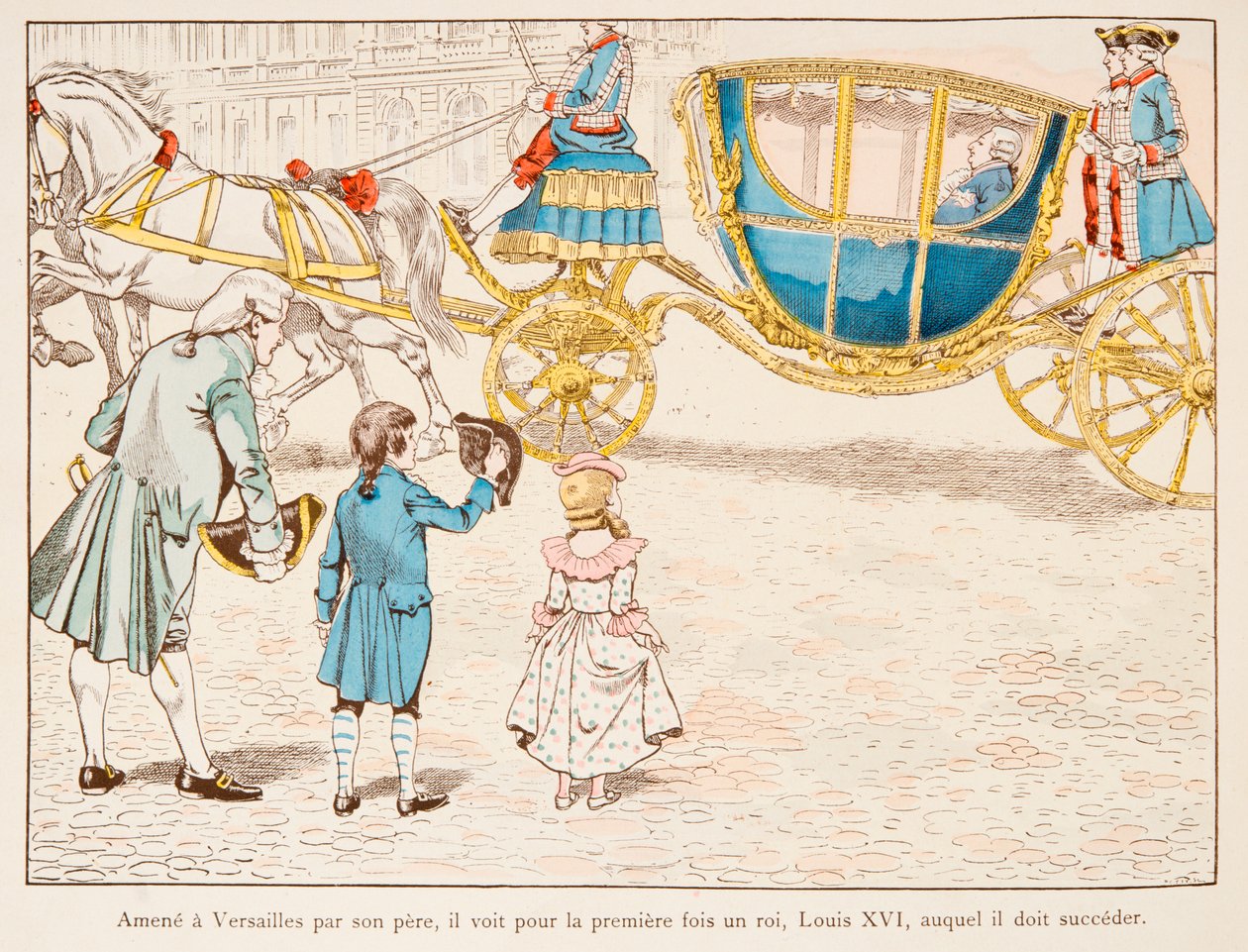 Jacques Marie Gaston Onfroy de Breville dit JOB (1858-1931) - Napoleão Bonaparte trazido a Versalhes por seu pai vê o Rei Luís XVI em Carossus pela primeira vez em 1770, Coleção Privada de pseudonym for Onfray de Breville Jacques Job