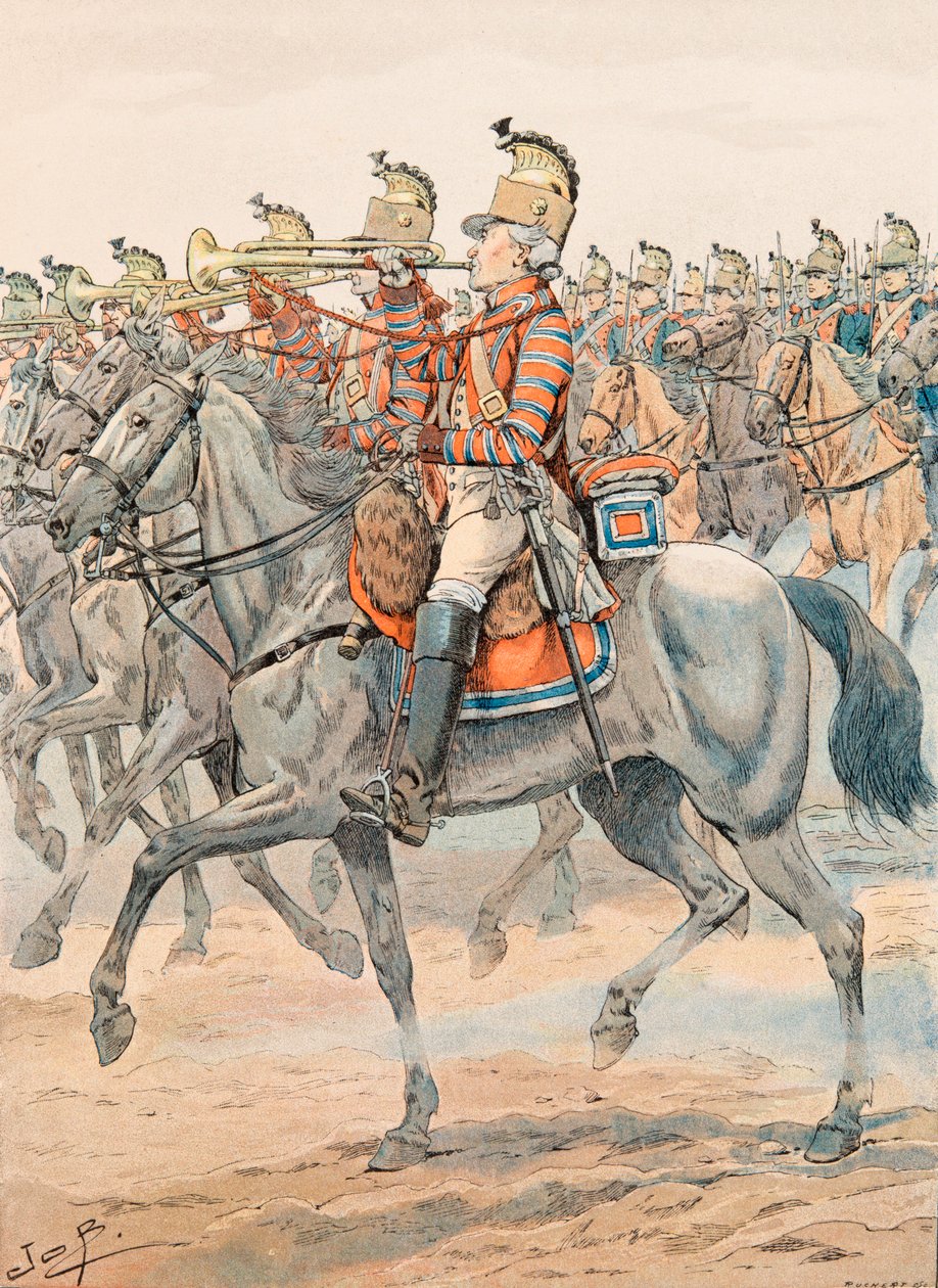 Jacques Marie Gaston Gaston Onfroy de Breville dit JOB (1858-1931) - Forfait das tropas francesas em todos os momentos: Trompete do Regimento de Orleans - Dragões (1781), Coleção Privada de pseudonym for Onfray de Breville Jacques Job