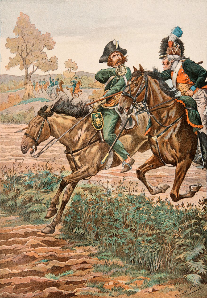 Jacques Marie Gaston Gaston Onfroy de Breville dit JOB (1858-1931) - Forfait das tropas francesas em todos os momentos: Cavalier Vendeen e Piqueur (ou Piconnier) no cavalo da Legião Germanique (1793), Coleção Privada de pseudonym for Onfray de Breville Jacques Job