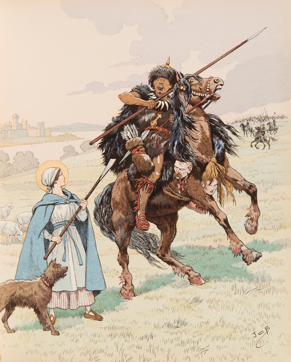 Jacques Marie Gaston Onfroy de Breville dit JOB (1858-1931) - Sainte genevieve durante o cerco de Paris em 451 repele a invasão dos hunos com o seu líder Attila, Private Collection de pseudonym for Onfray de Breville Jacques Job
