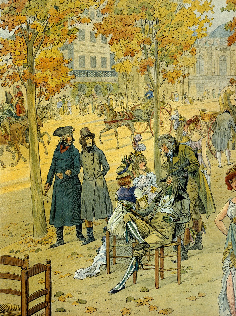 Jean Andoche Junot (Jean-Andoche) (1771-1813) e Napoleão I Bonaparte (1769-1821) caminham pela Boulevard de Coblenz (Boulevard de Ghent), em Paris, em frente ao Incrível. Ilustração de Jacques Marie Gaston Onfray de Breville dit JOB (1858-1931) de pseudonym for Onfray de Breville Jacques Job