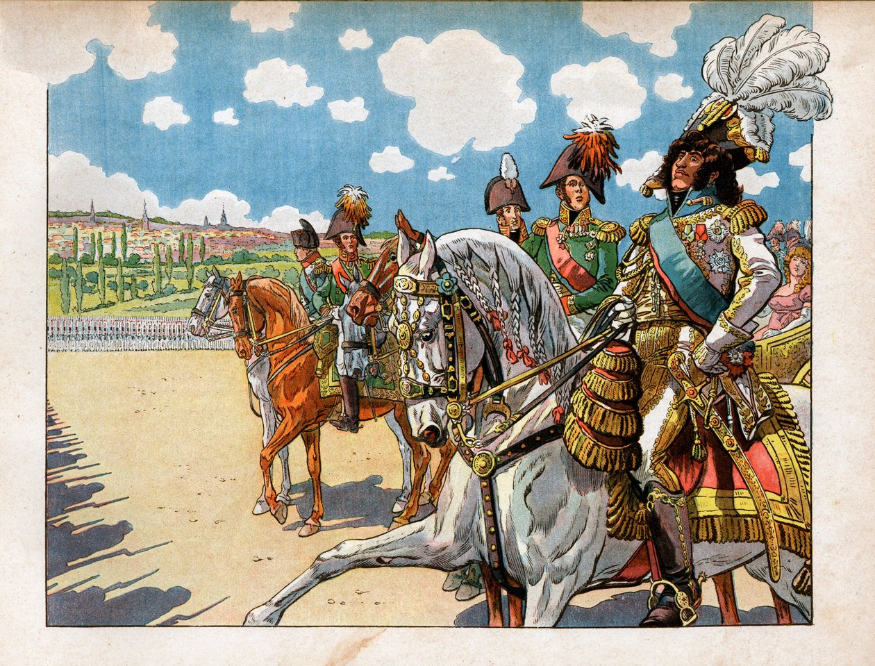 Joachim Murat (1767-1815) acompanhou Napoleão I Bonaparte (1869-1921) e Alexandre I, Imperador da Rússia (1777-1825) durante a revisão das tropas durante o Tratado Tilsit, em 7 de julho de 1807. Gravura de Jacques Marie Gaston Onfray de Breville dit Job (1 de pseudonym for Onfray de Breville Jacques Job