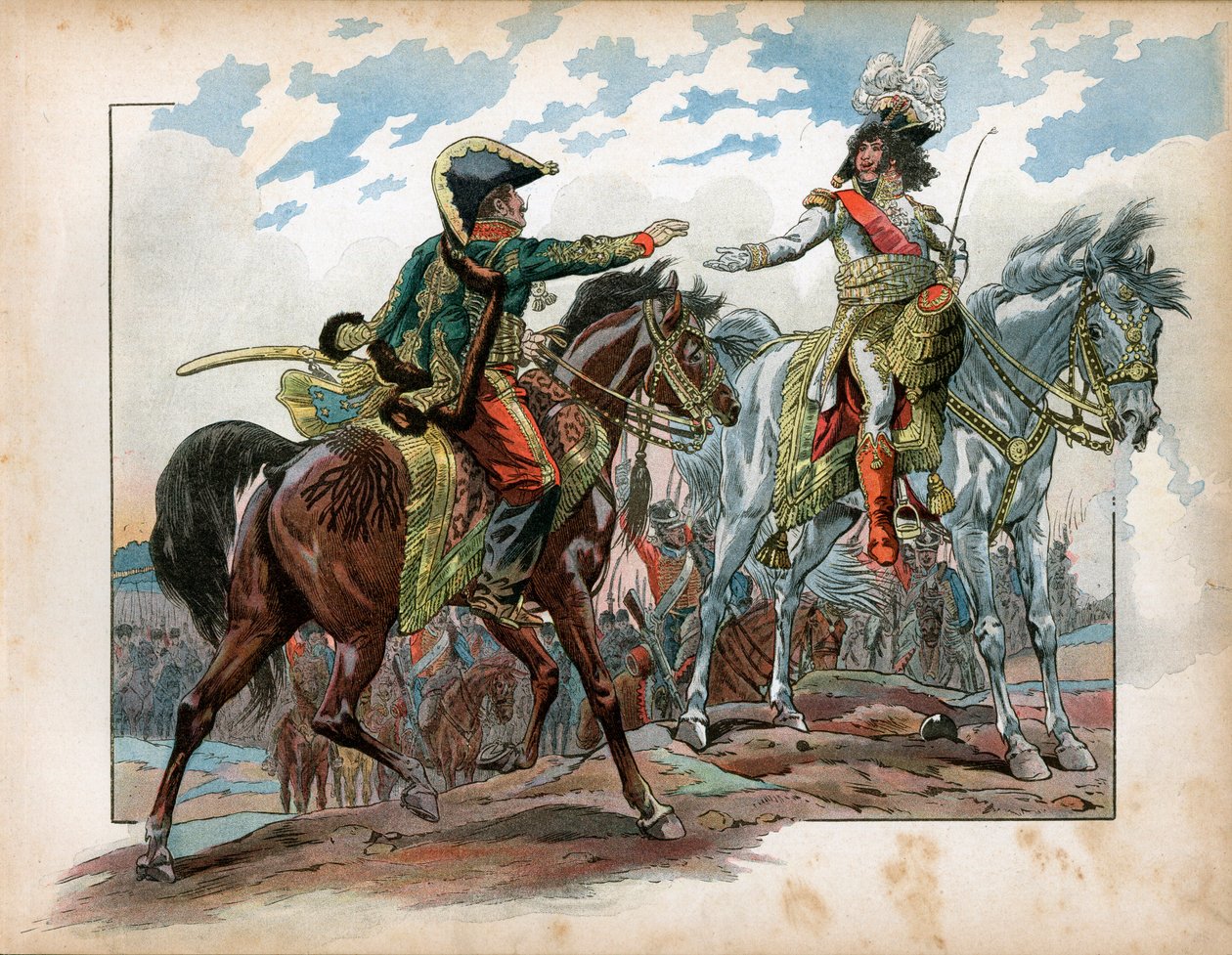 Joachim Murat (1767-1815) e General Antoine Charles Louis de La Salle (Lasalle) (1775-1809) durante a Batalha de Heilsberg, em 1807. Gravura de Jacques Marie Gaston Onfray de Breville dit Job (1858-1931) de pseudonym for Onfray de Breville Jacques Job