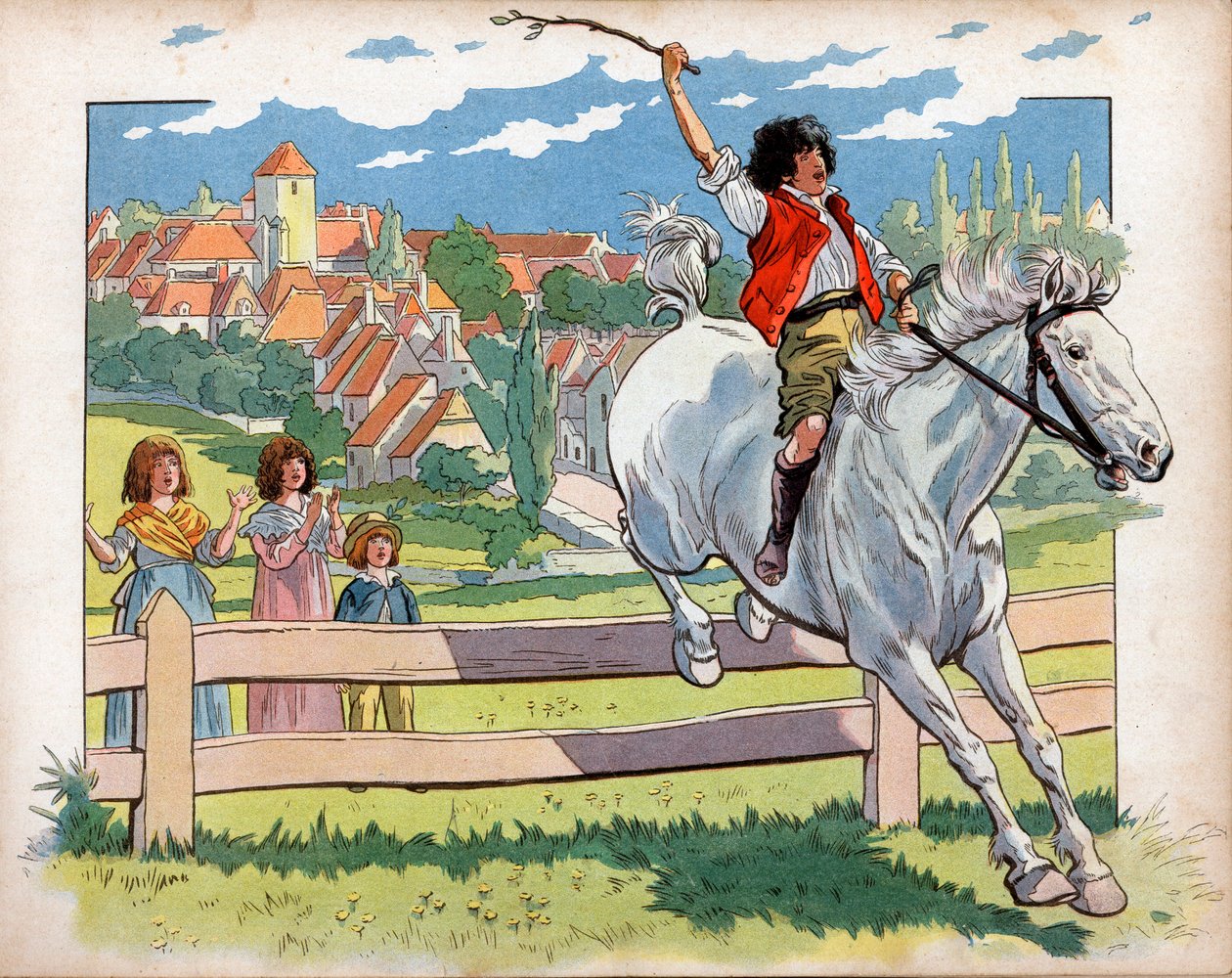 Joachim Murat (1767-1815) criança em um trem a cavalo para saltar sebes. Gravura de Jacques Marie Gaston Onfray de Breville dit Job (1858-1931) de pseudonym for Onfray de Breville Jacques Job