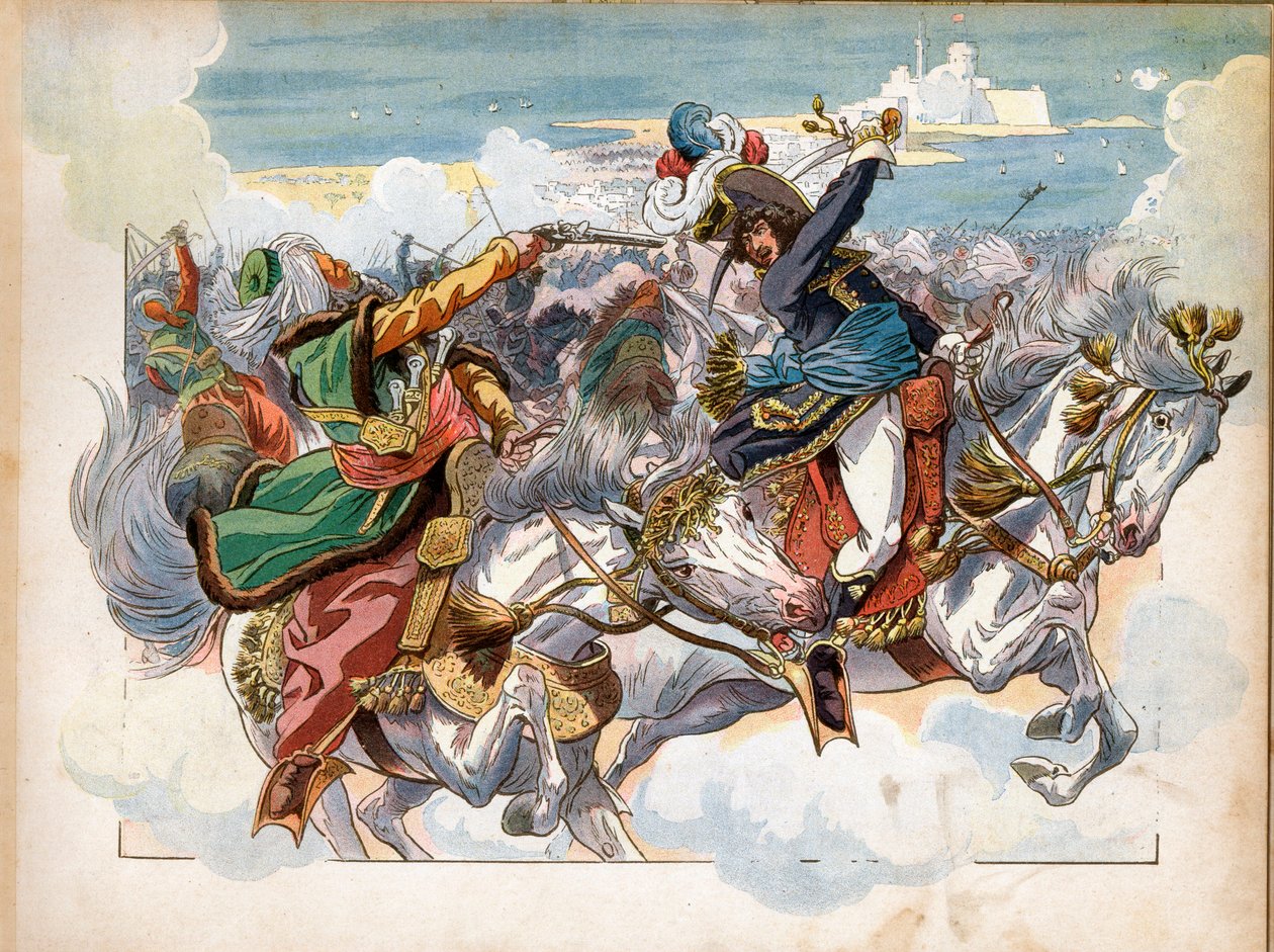 Joachim Murat (1767-1815) durante a Batalha de Aboukir em 1799, durante a campanha (expedição) do Egito, capturou o General Mustapha Pasha após ser baleado na mandíbula; ele foi nomeado general de divisão após a batalha. Gravura de Jacques Marie Gaston Onf de pseudonym for Onfray de Breville Jacques Job