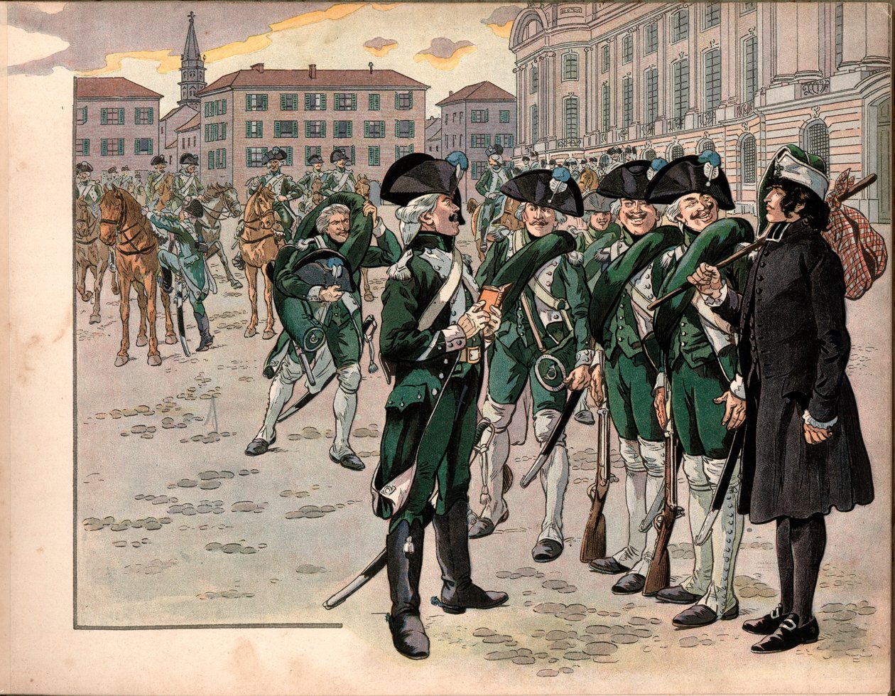 Joachim Murat (1767-1815) juntou-se ao Regimento de Caçadores das Ardenas em 1787. Gravura de Jacques Marie Gaston Onfray de Breville dit Job (1858-1931) de pseudonym for Onfray de Breville Jacques Job