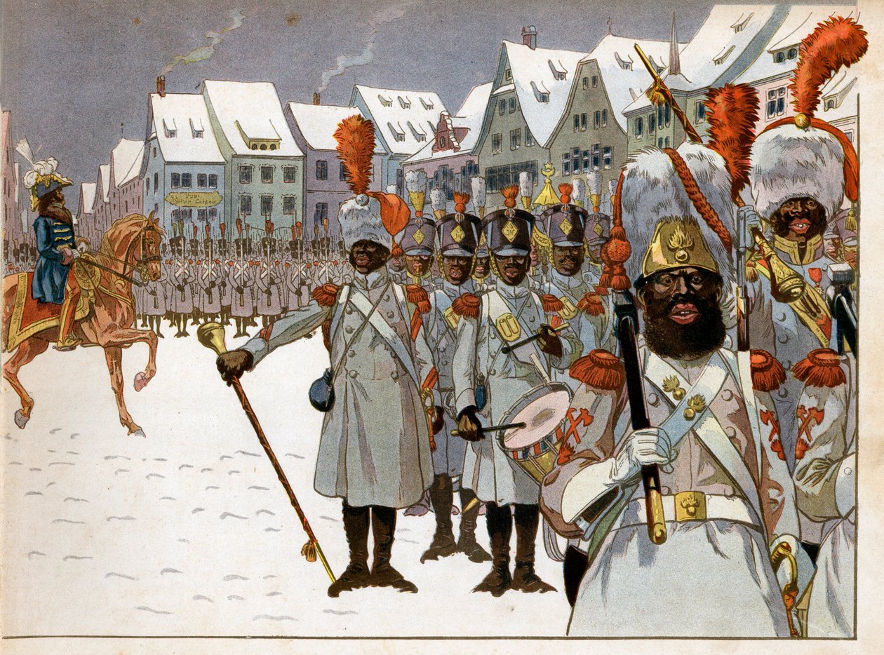 Joachim Murat (1767-1815) resgatou o comando do exército depois que o Imperador deixou a Rússia. No seu quartel-general em Koenigsberg ele revê uma companhia de pessoas negras. Gravura de Jacques Marie Gaston Onfray de Breville dit Job (1858-1931) de pseudonym for Onfray de Breville Jacques Job
