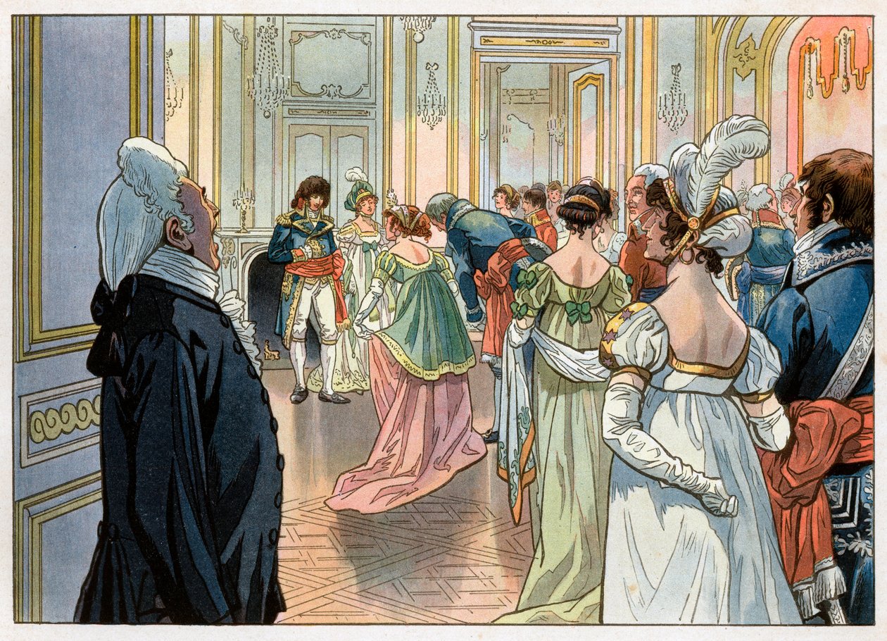 Joachim Murat (1767-1815), então governador de Paris, e sua esposa Caroline Bonaparte (1782-1839) receberam os convidados em uma festa em sua casa de hotel Vendome, Paris. Os convites são anunciados por um criado e depois são reverenciados na frente dos co de pseudonym for Onfray de Breville Jacques Job