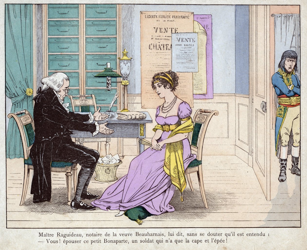 Josefina e o notário - Maitre Raguideau, notário da viúva Beauharnais, disse-lhe: Ye! casa com este pequeno Bonaparte - Mestre Raguidea e Josefina - (Tu! casa com este pequeno Bonaparte) - litografia de Job (Jacques Onfroy de Breville) de "Le Gran de pseudonym for Onfray de Breville Jacques Job
