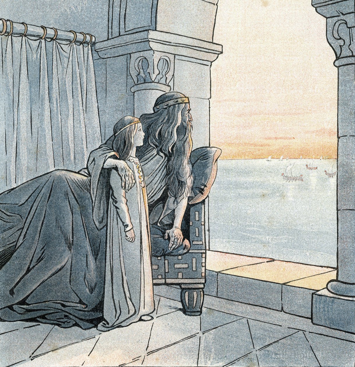O rei Carlos Magno (Carlos I chamou Carlos o Grande, 742-814) observa a chegada dos drakkars Viking ao Sena no século IX. em "França, sua história contada por G. Montorgueil, imagem de Jó" 1896. Coleção particular. de pseudonym for Onfray de Breville Jacques Job