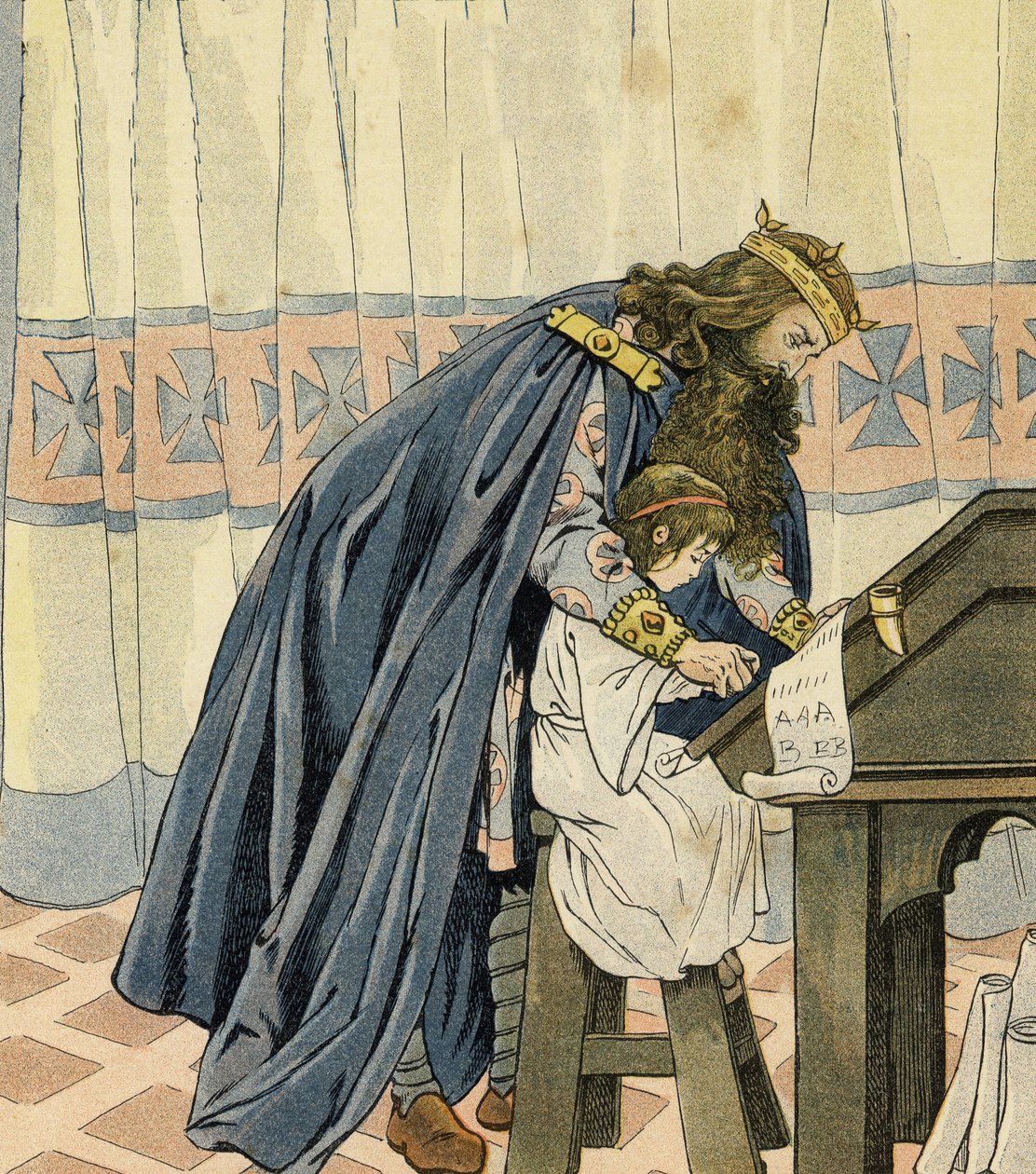 O rei Carlos Magno (Carlos I, conhecido como Carlos o Grande, 742-814) educa uma criança pequena e inventa a escola. na "França, sua história contada por G. Montorgueil, imitado por Jó" 1896. Coleção particular. de pseudonym for Onfray de Breville Jacques Job