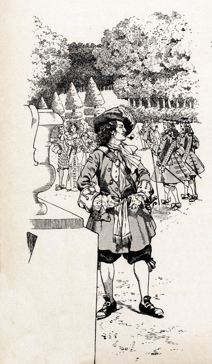 Rei Luís XIV da França chamado Rei Soleil (1638-1715) com os seus cortesãos nos jardins de Versalhes. Ilustração de Jó (Jacques Marie Gaston Onfray e Breville) (Jacques-Marie) (1858-1931) para o livro "Les grands mots historiques du pays de France". de pseudonym for Onfray de Breville Jacques Job
