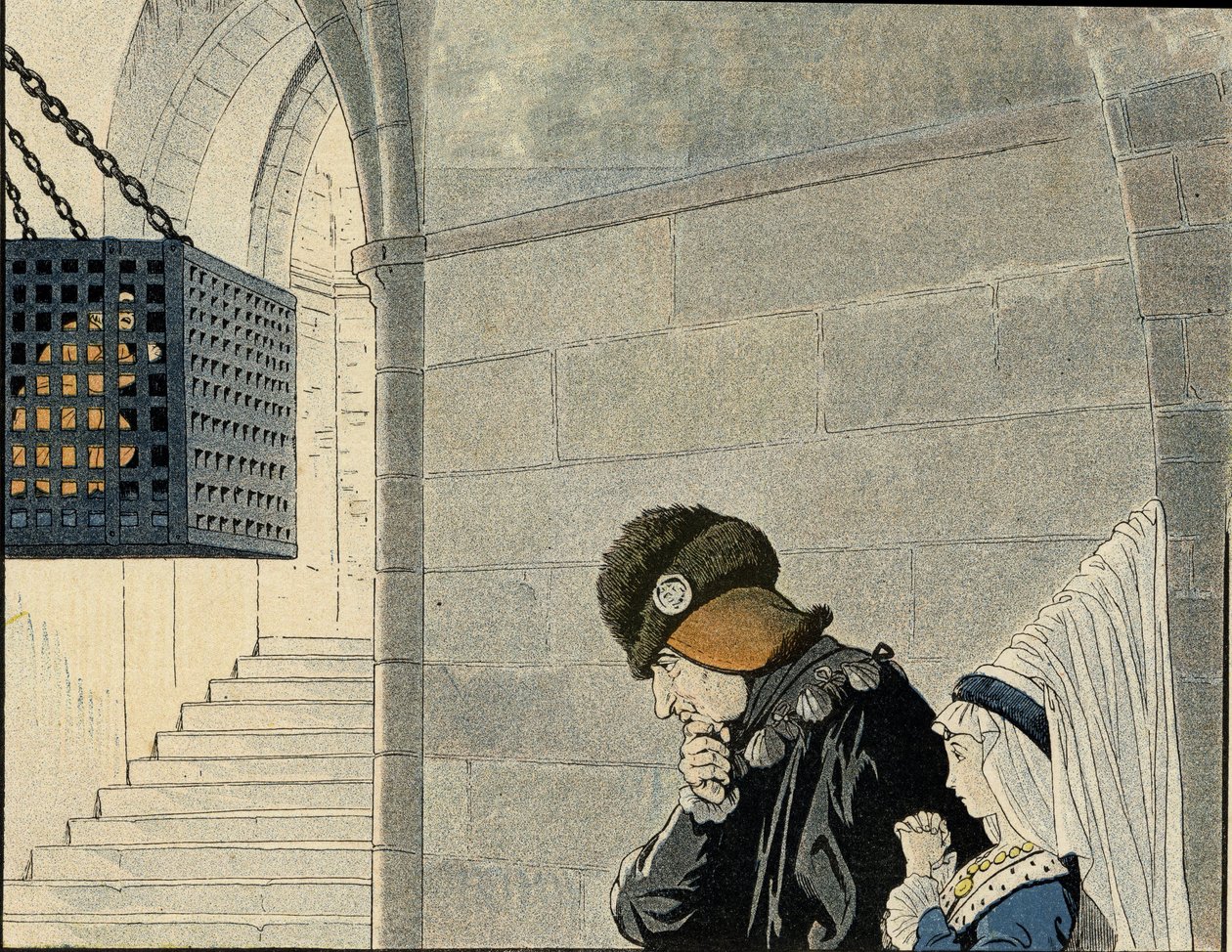 O rei Luís XI (1423-1483) visita o prisioneiro Jean Balue (1421-1491), fechado em 1469 numa jaula de ferro por conspirar contra o rei. em "França, sua história contada por G. Montorgueil, imagem de Jó" 1896. Coleção privada. de pseudonym for Onfray de Breville Jacques Job