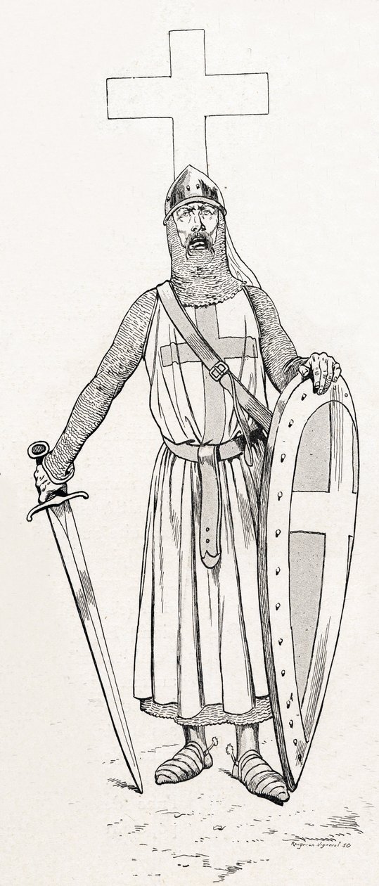 Cavaleiro de Luís IX conhecido como Saint Louis (1214-1270) em traje de cruzada. Ilustração de Job (Jacques Marie Gaston Onfray e Breville) (Jacques-Marie) (1858-1931) para o livro "Les grands mots historiques du pays de France" 1915. Coleção Privee. de pseudonym for Onfray de Breville Jacques Job