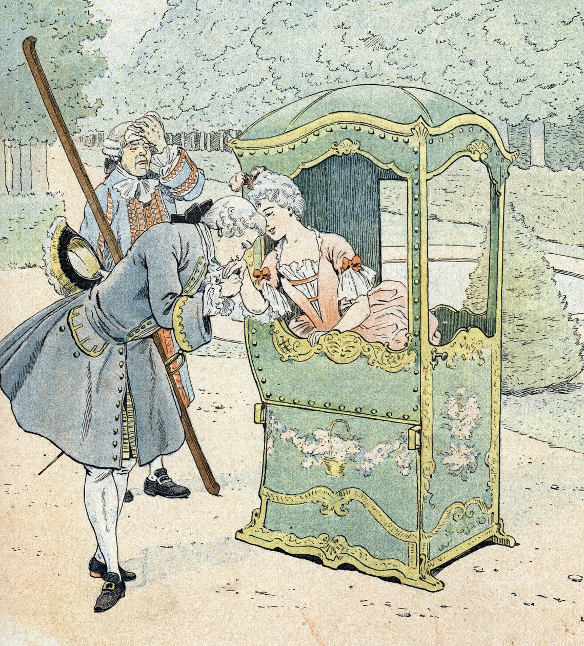 Senhora da nobreza no século XVIII, numa cadeira com carregadores recebendo a mão do beijo de pseudonym for Onfray de Breville Jacques Job
