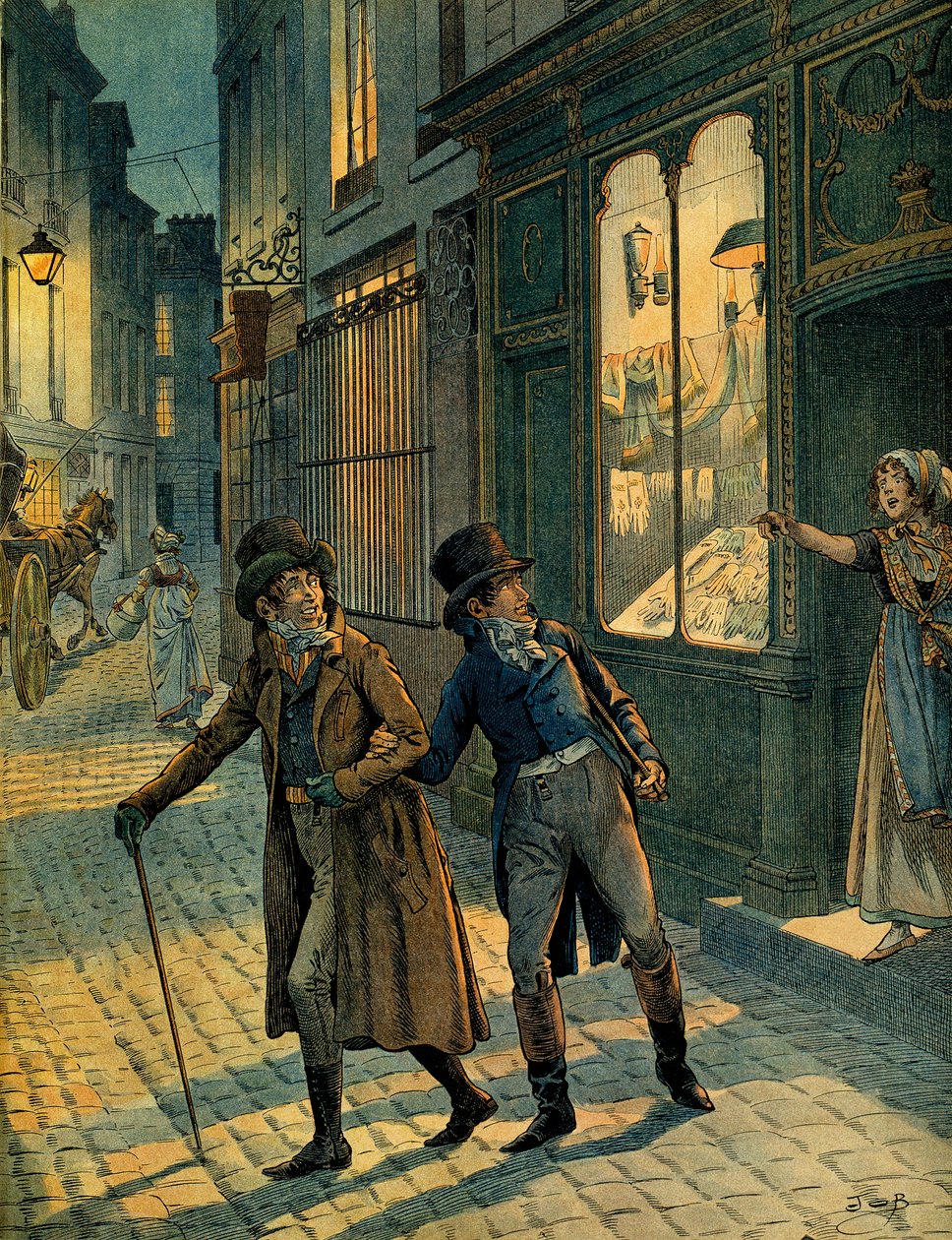 Louis Antoine Fauvelet de Bourrienne (1769-1834) e Napoleão I Bonaparte (1769-1821) nas ruas de Paris incógnito. Ilustração de Jacques Marie Gaston Onfray de Breville dit JOB (1858-1931). Coleção Particular de pseudonym for Onfray de Breville Jacques Job