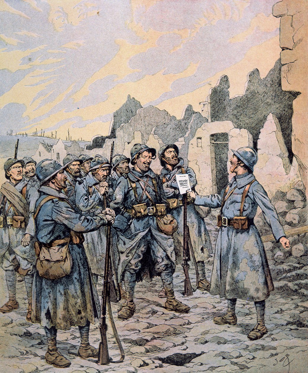 Motim no exército francês na Frente Ocidental, Abril-Maio de 1917 (cor litho) de pseudonym for Onfray de Breville Jacques Job