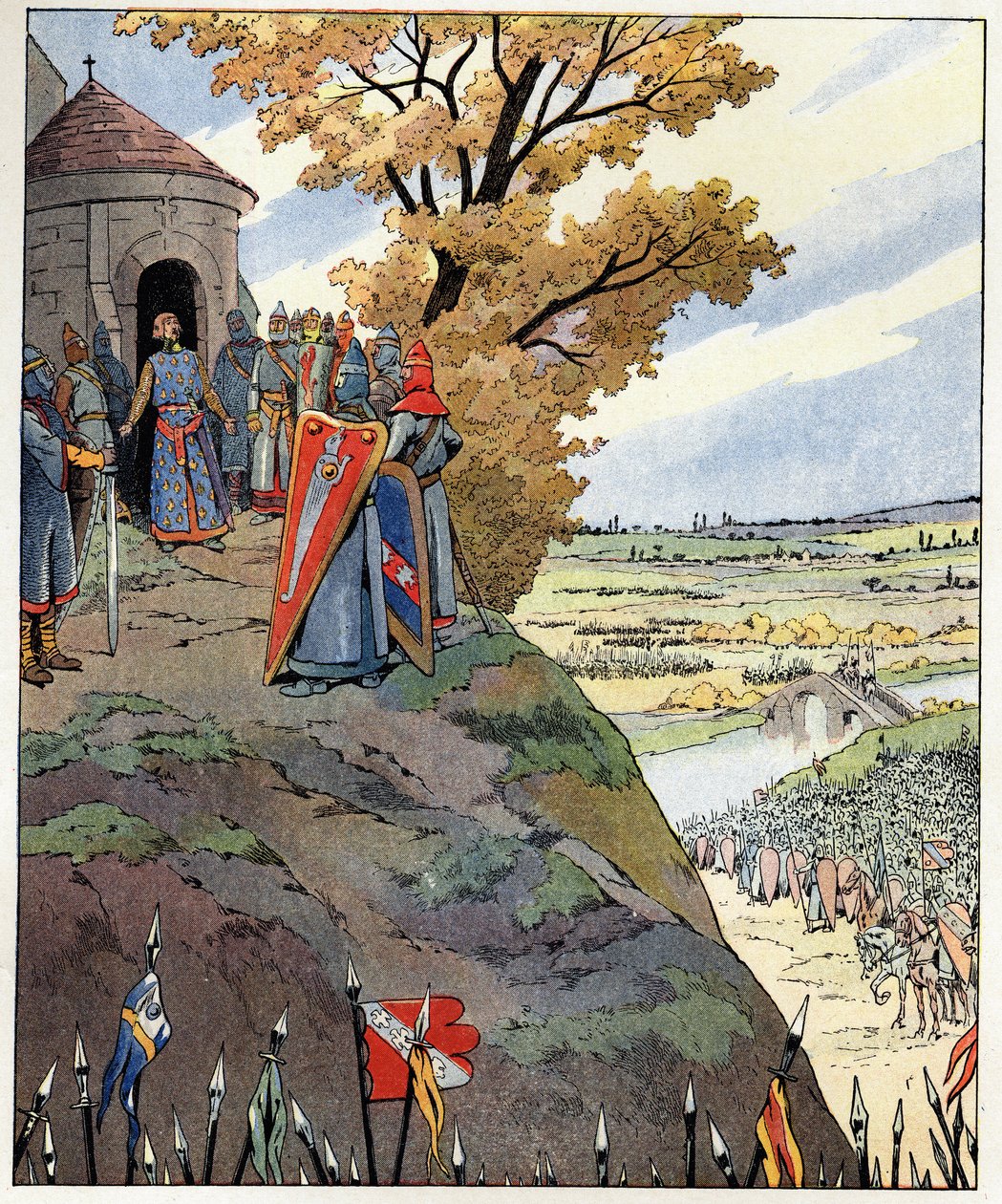 A minha coroa às corajosas palavras do Rei Filipe II disse Philip Augustus (1165-1223) aos senhores antes da vitória da Batalha de Bouvines em 27 de julho de pseudonym for Onfray de Breville Jacques Job