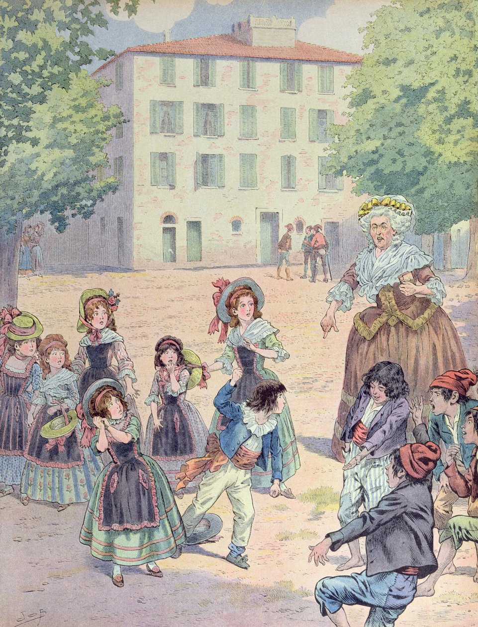 Napoleão Bonaparte (1769-1821) quando criança numa disputa com seus camaradas em frente à sua casa em Ajaccio, Córsega, c.1910 (cor litho) de pseudonym for Onfray de Breville Jacques Job